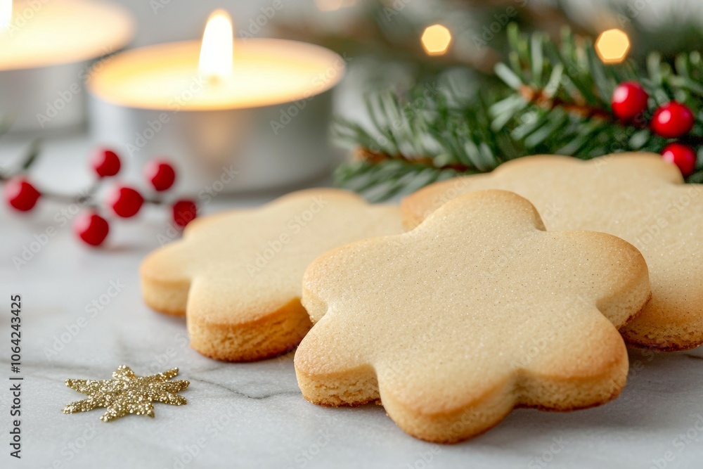 Three cookies with a snowflake on top sit on a table next to candles Three cookies with a snowflake on top sit on a table next to candles