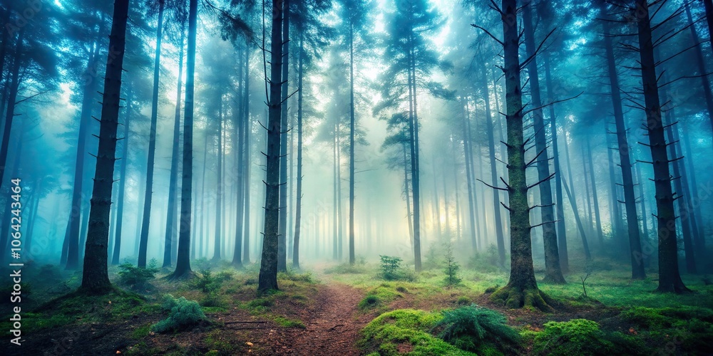 Obraz premium Enigmatic and mysterious fog covered forest background