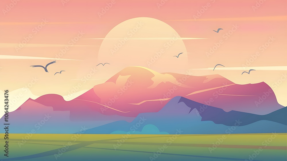 Sunrise Over a Mountain Range with Birds in Flight Sunrise Over a Mountain Range with Birds in Flight