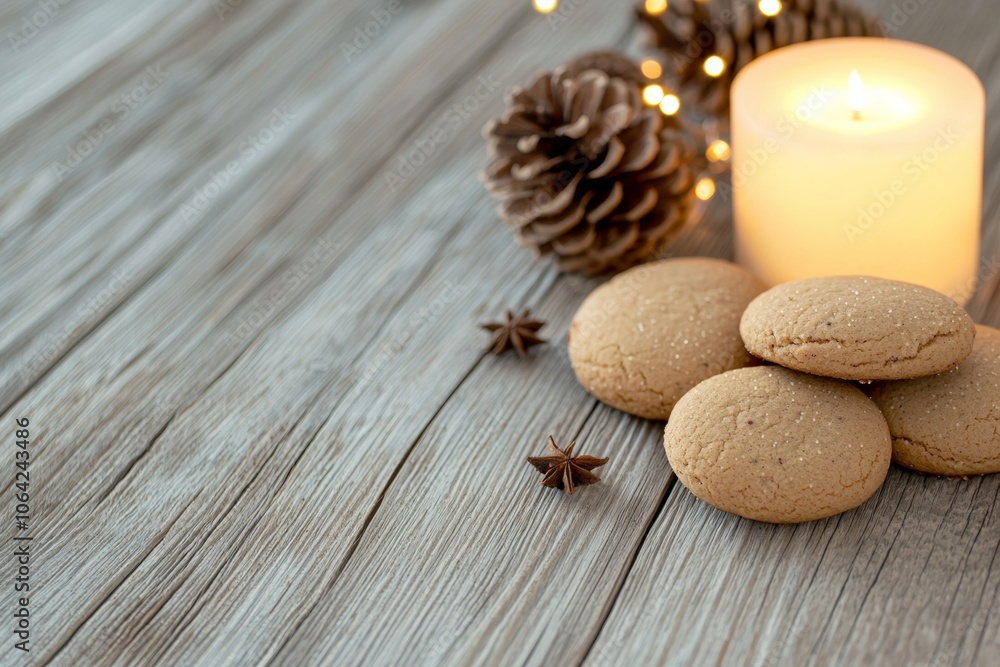 A wooden table with a candle and some cookies A wooden table with a candle and some cookies