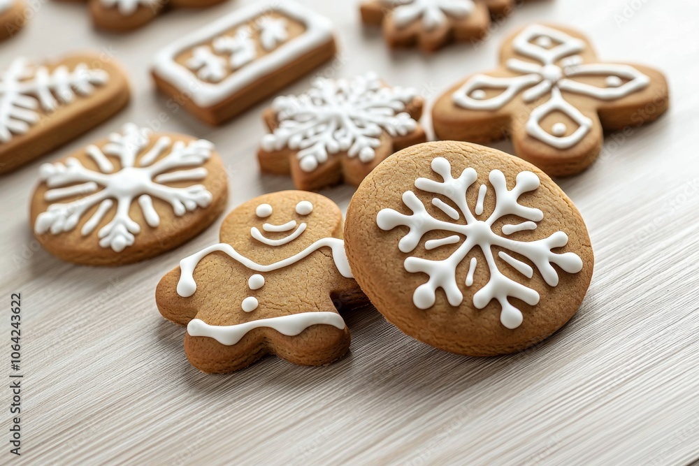 A plate of assorted cookies with a smiling gingerbread man and snowflakes
