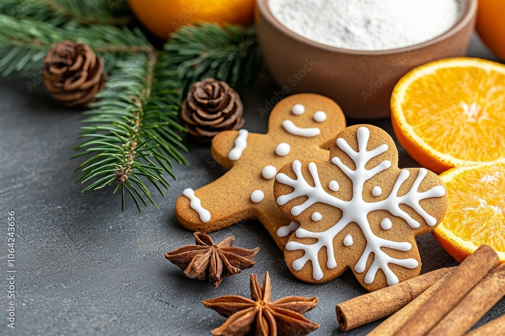 A bowl of orange slices sits on a table next to a plate of gingerbread men A bowl of orange slices sits on a table next to a plate of gingerbread men