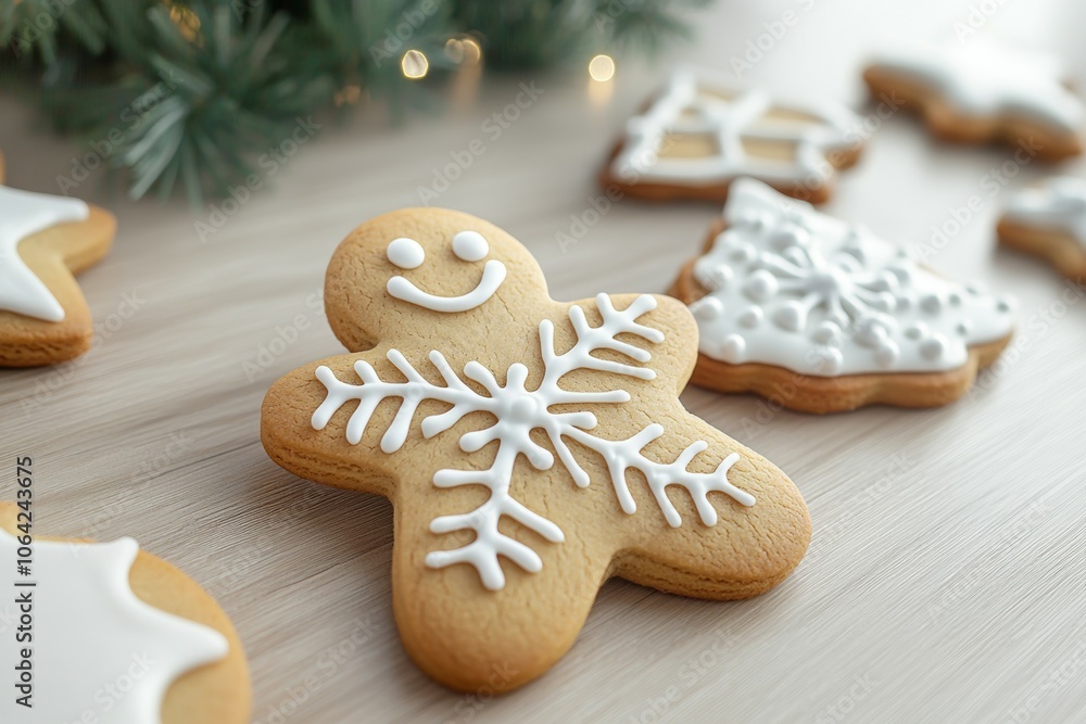 A cookie with a smiling face and snowflakes on it sits on a table A cookie with a smiling face and snowflakes on it sits on a table