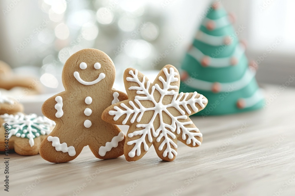 A gingerbread man and a snowflake cookie are sitting on a table next to a Christ A gingerbread man and a snowflake cookie are sitting on a table next to a Christ