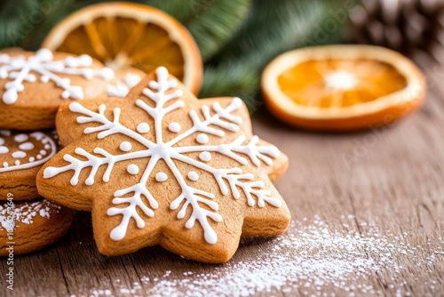 A snowflake cookie sits on a wooden table next to a pile of other cookies