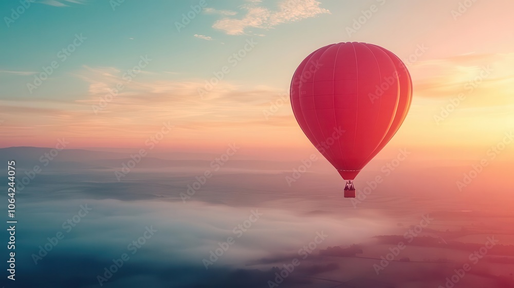 Obraz premium Hot air balloon flight with vibrant colors, soft lighting, serene atmosphere, dynamic movement, high contrast