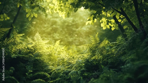 Lush green forest with vibrant lighting, soft natural glow, dynamic movement, serene atmosphere, realism