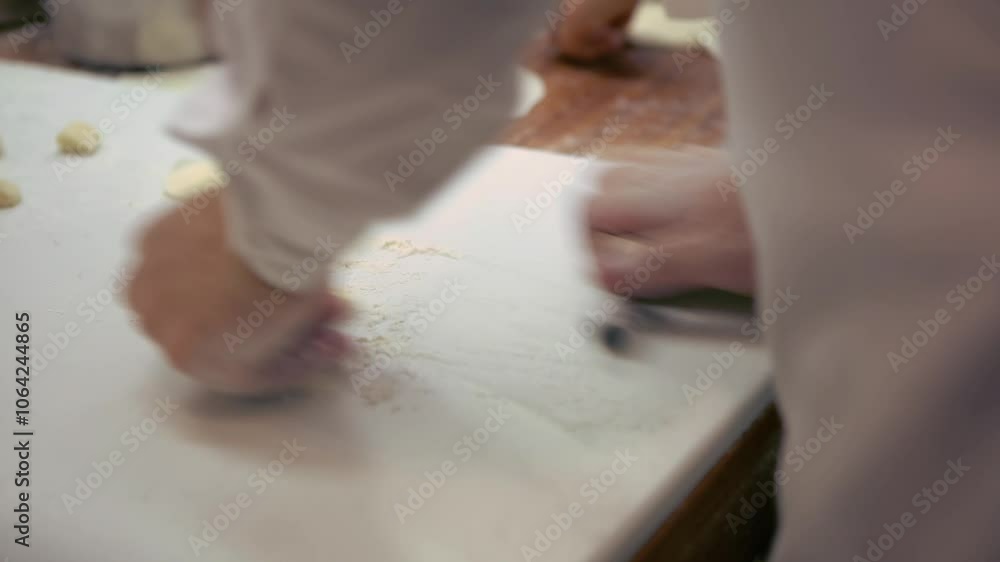 A taiwanese chef rolls out dough before filling it with meat to create jiaozi, a Chinese dumpling. Asian man making fresh dumplings in a kitchen restaurant. A taiwanese chef rolls out dough before filling it with meat to create jiaozi, a Chinese dumpling. Asian man making fresh dumplings in a kitchen restaurant.