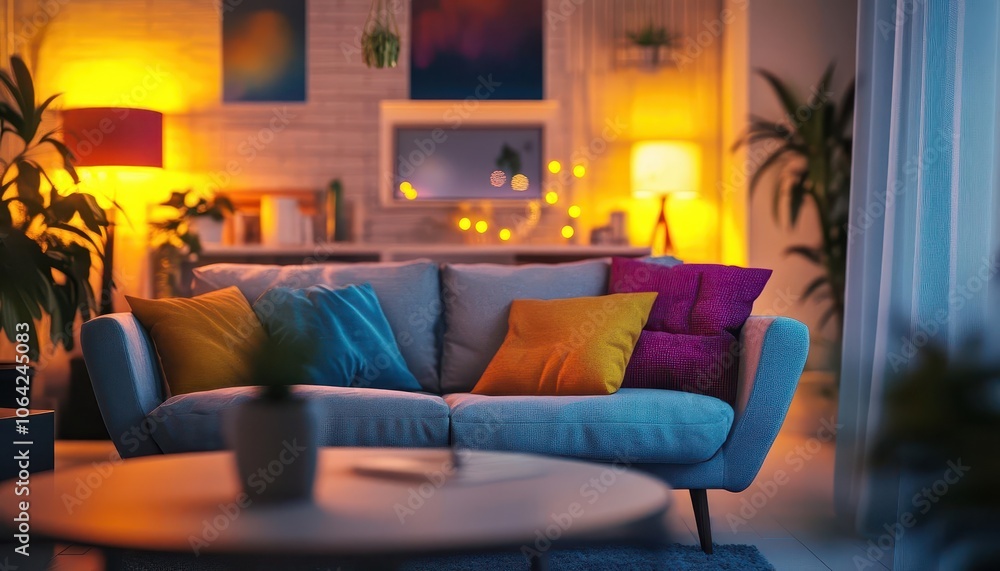 Fototapeta premium Multifunctional small space design with vibrant colors, sleek furniture, soft lighting, cozy atmosphere