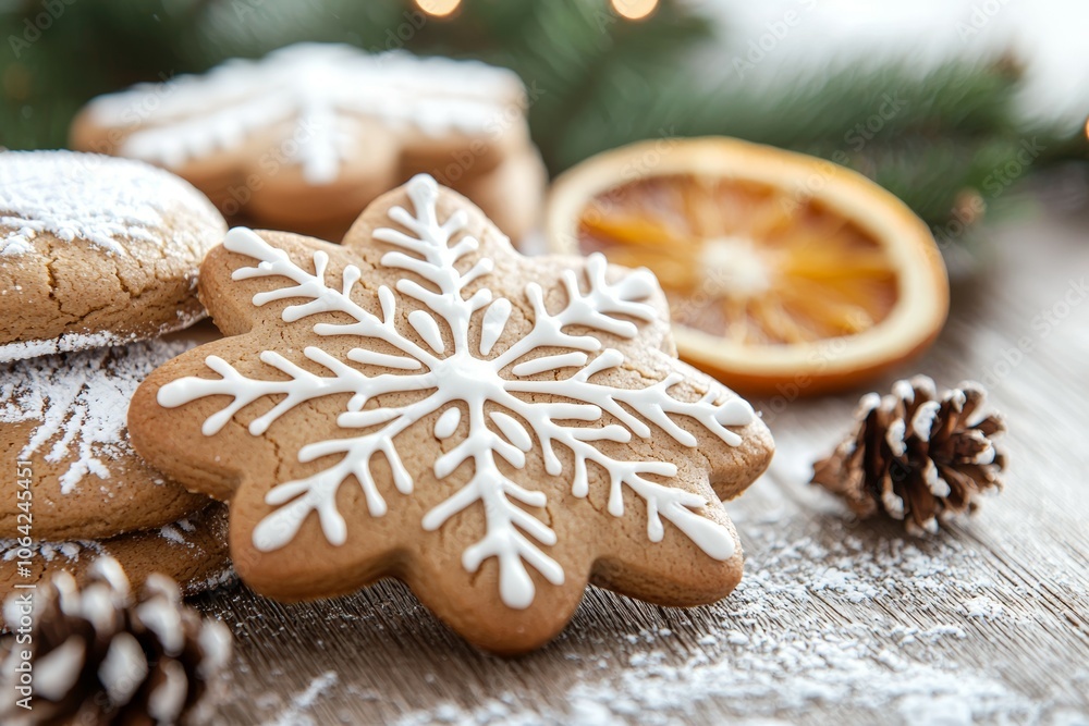 A plate of cookies with a snowflake design and a slice of orange on top A plate of cookies with a snowflake design and a slice of orange on top