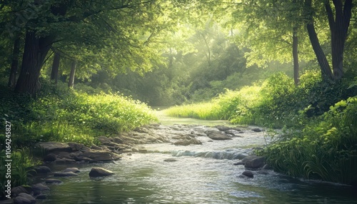 Riverside landscape with vibrant greenery, soft lighting, dynamic movement, serene atmosphere, photo-realism