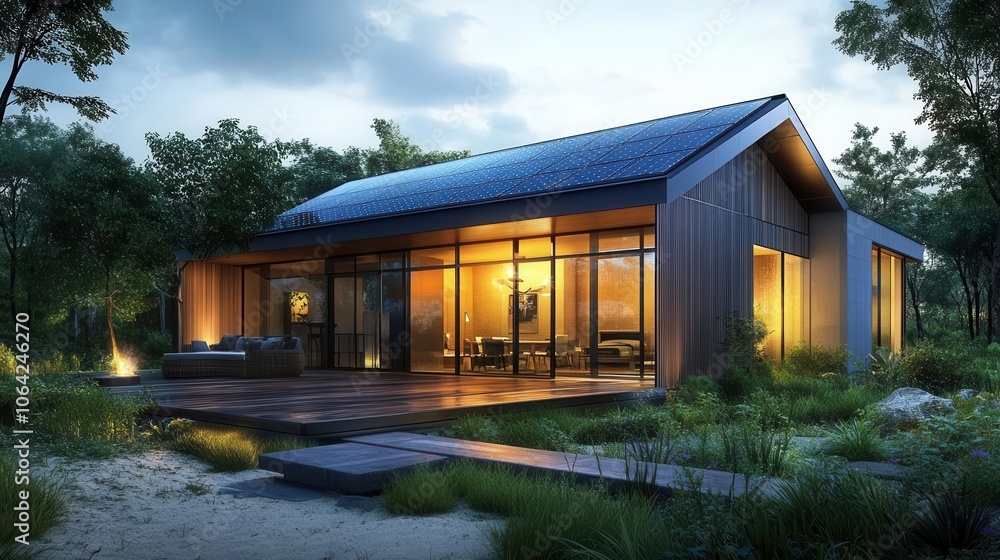 Solar-powered home with sleek modern design, vibrant panels, soft lighting, eco-friendly technology, realism Solar-powered home with sleek modern design, vibrant panels, soft lighting, eco-friendly technology, realism