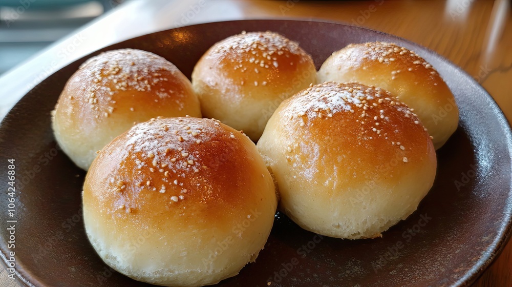 Four Golden Brown Bread Rolls with Sesame Seeds on a Dark Plate Four Golden Brown Bread Rolls with Sesame Seeds on a Dark Plate