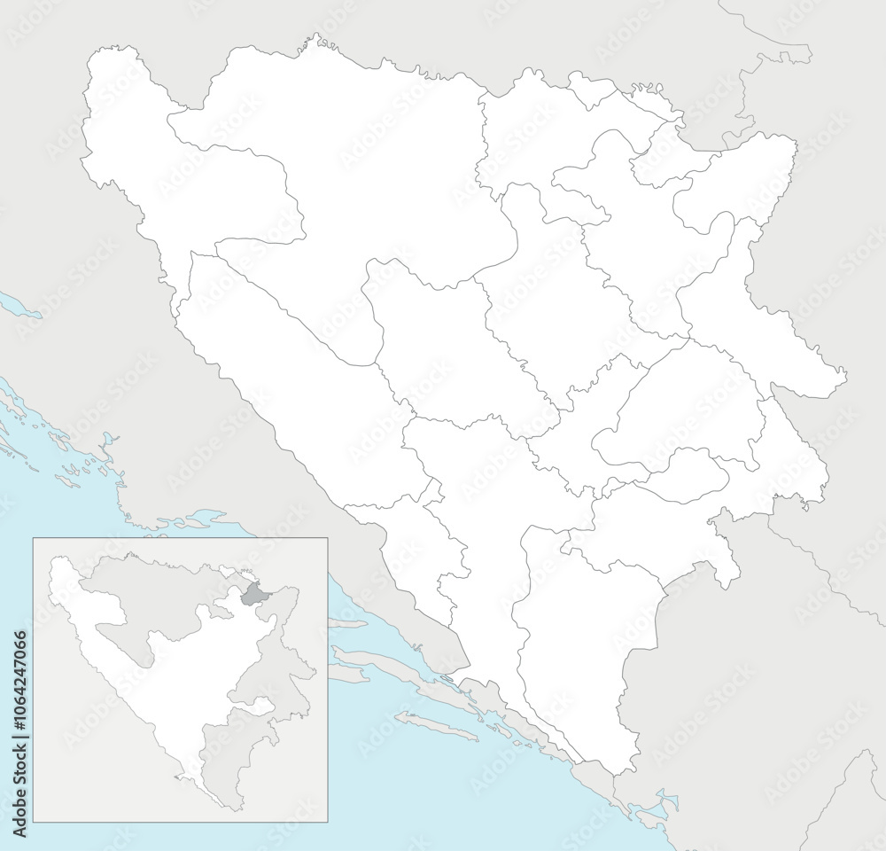 Obraz premium Vector blank map of Bosnia and Herzegovina with entities, cantons, regions and administrative divisions, and neighbouring countries and territories. Editable and clearly labeled layers.