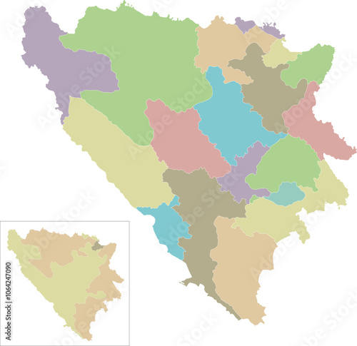 Vector blank map of Bosnia and Herzegovina with entities, cantons, regions and administrative divisions. Editable and clearly labeled layers.