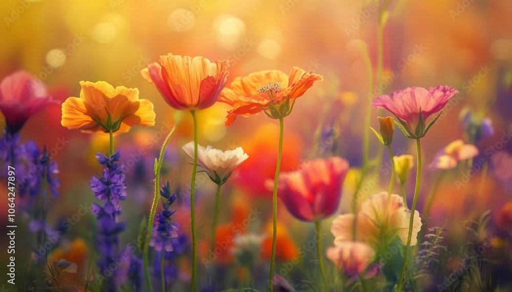 Wildflowers in bloom with vibrant colors, soft natural lighting, dynamic energy, peaceful nature, realism Wildflowers in bloom with vibrant colors, soft natural lighting, dynamic energy, peaceful nature, realism