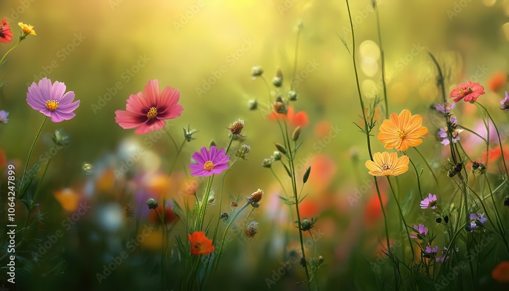 Wildflowers in bloom with vibrant colors, soft natural lighting, dynamic energy, peaceful nature, realism Wildflowers in bloom with vibrant colors, soft natural lighting, dynamic energy, peaceful nature, realism