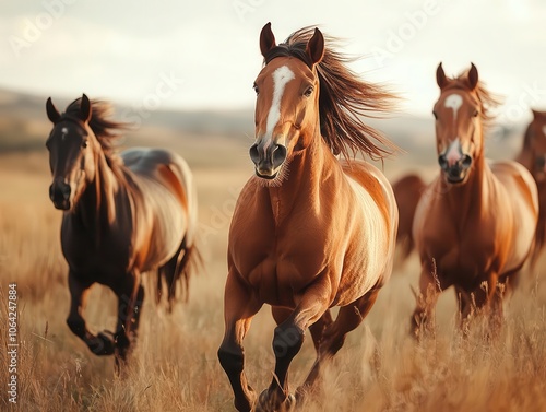 Wild horses running with vibrant landscape, dynamic movement, soft natural lighting, high-energy atmosphere