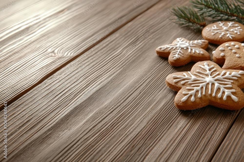A wooden table with a plate of cookies and a pine tree branch A wooden table with a plate of cookies and a pine tree branch