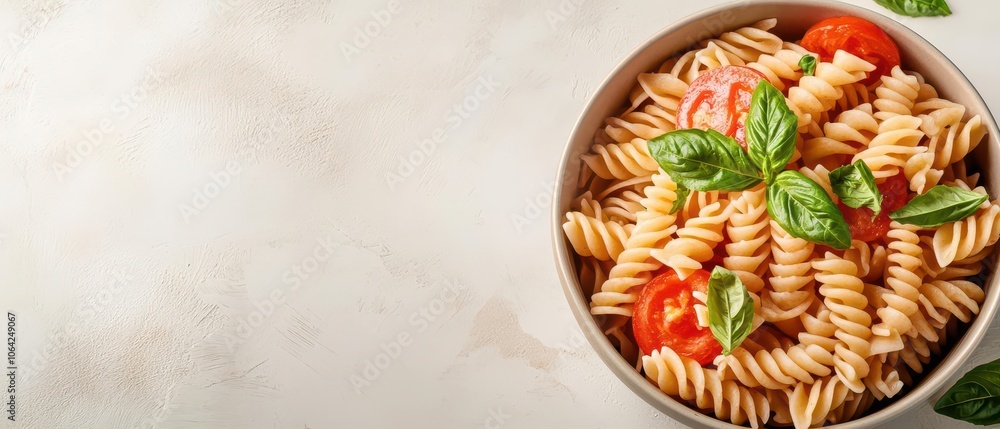 A bowl of spiral pasta topped with fresh tomatoes and basil. A bowl of spiral pasta topped with fresh tomatoes and basil.