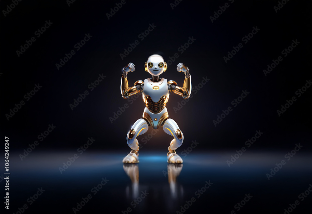 A humanoid robot with glowing gold accents poses with dumbbells in a dark studio with a reflective floor. A humanoid robot with glowing gold accents poses with dumbbells in a dark studio with a reflective floor.