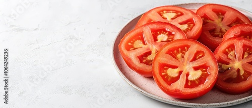 Fresh, vibrant tomato slices arranged on a plate.