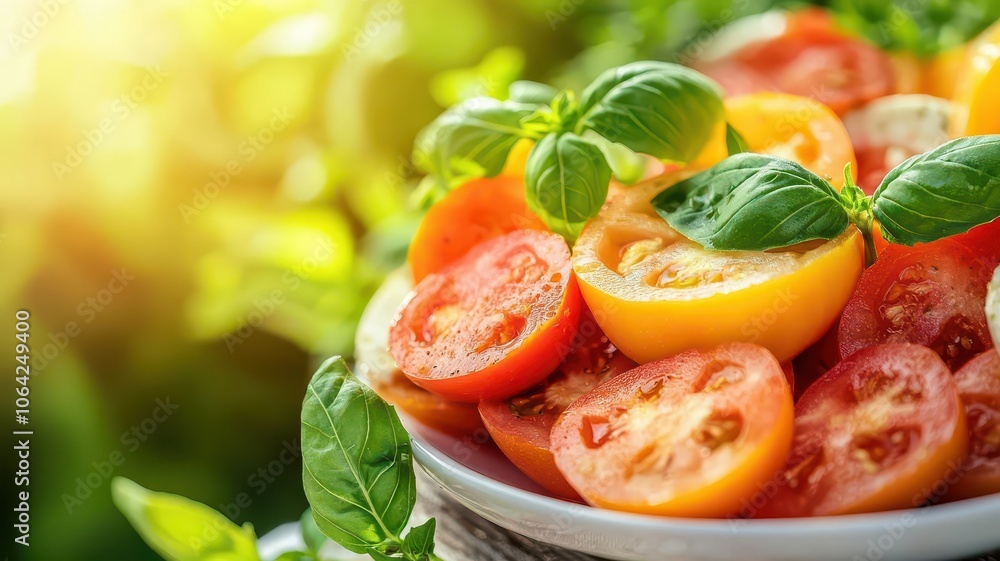 Freshly sliced tomatoes garnished with mint leaves. Freshly sliced tomatoes garnished with mint leaves.