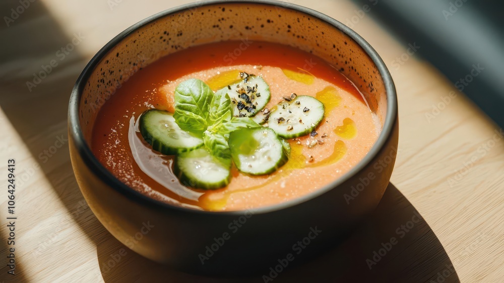 A creamy tomato soup garnished with cucumber slices and fresh herbs. A creamy tomato soup garnished with cucumber slices and fresh herbs.