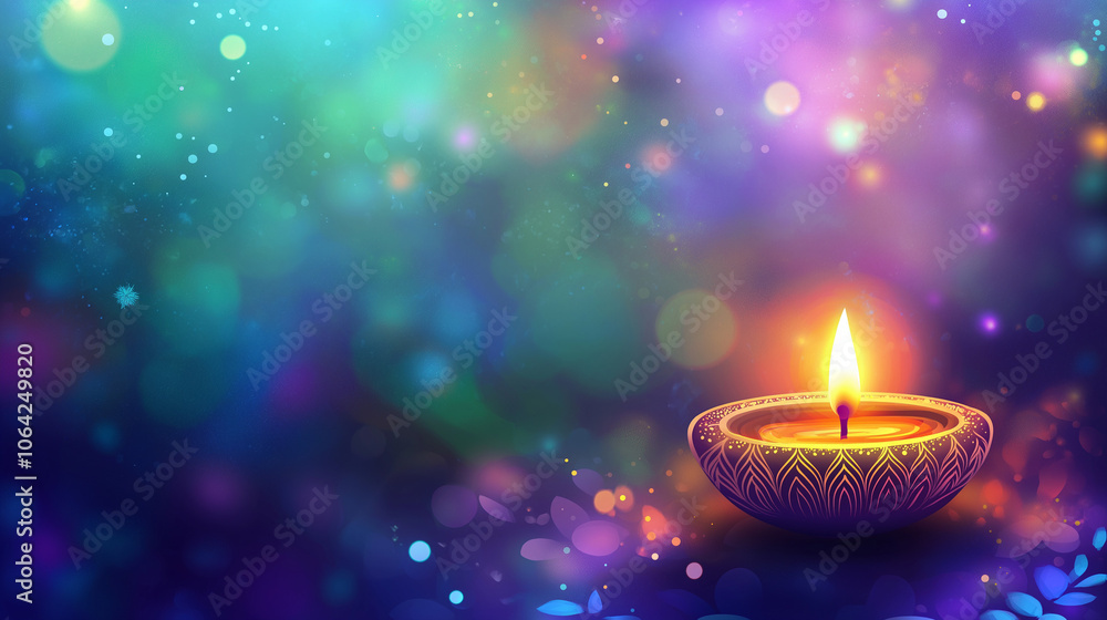 Colorful happy diwali diya oil lamp with flame festive bokeh lights copy space hindu festival celebration Colorful happy diwali diya oil lamp with flame festive bokeh lights copy space hindu festival celebration