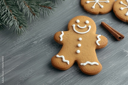 A gingerbread man cookie with a white icing and a cinnamon stick on top