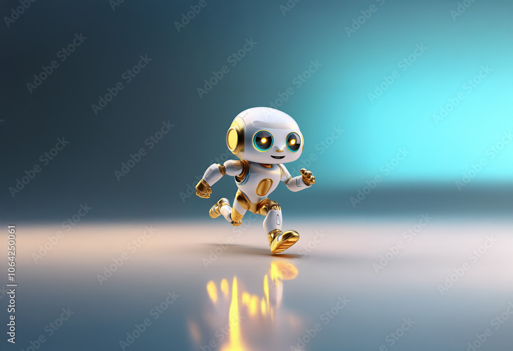 A white and gold robot with large eyes runs across a reflective surface. The robot is in the foreground with a blue glow behind it. A white and gold robot with large eyes runs across a reflective surface. The robot is in the foreground with a blue glow behind it.