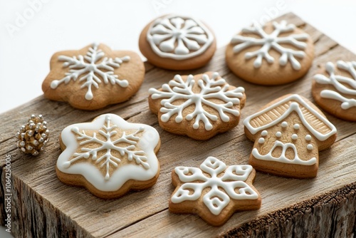 A wooden table with a variety of snowflake cookies on it