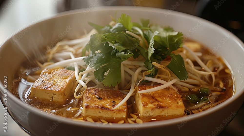 Steaming Bowl of Tofu, Bean Sprouts, and Cilantro in Broth Steaming Bowl of Tofu, Bean Sprouts, and Cilantro in Broth