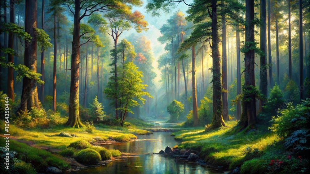 Forest landscape painting done with oil paint using forced perspective technique Forest landscape painting done with oil paint using forced perspective technique