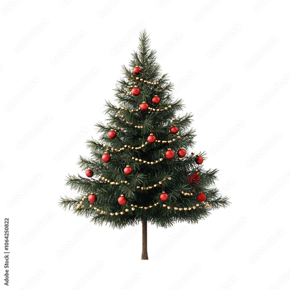 Festive Pine Tree with Red Baubles and Golden Garlands on White Background Festive Pine Tree with Red Baubles and Golden Garlands on White Background