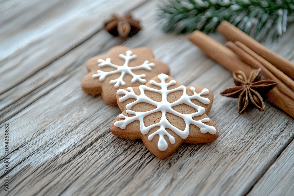Two snowflake cookies with white icing on a wooden table Two snowflake cookies with white icing on a wooden table