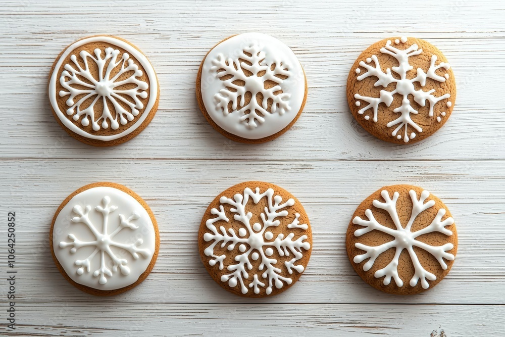 A row of snowflake cookies are sitting on a wooden table A row of snowflake cookies are sitting on a wooden table