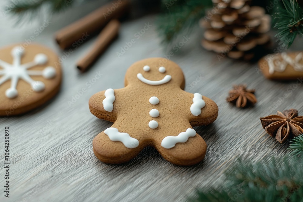 A gingerbread man cookie with a smile on his face is sitting on a wooden table A gingerbread man cookie with a smile on his face is sitting on a wooden table