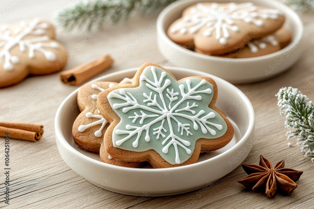 A plate of cookies with a snowflake design and cinnamon on the side A plate of cookies with a snowflake design and cinnamon on the side