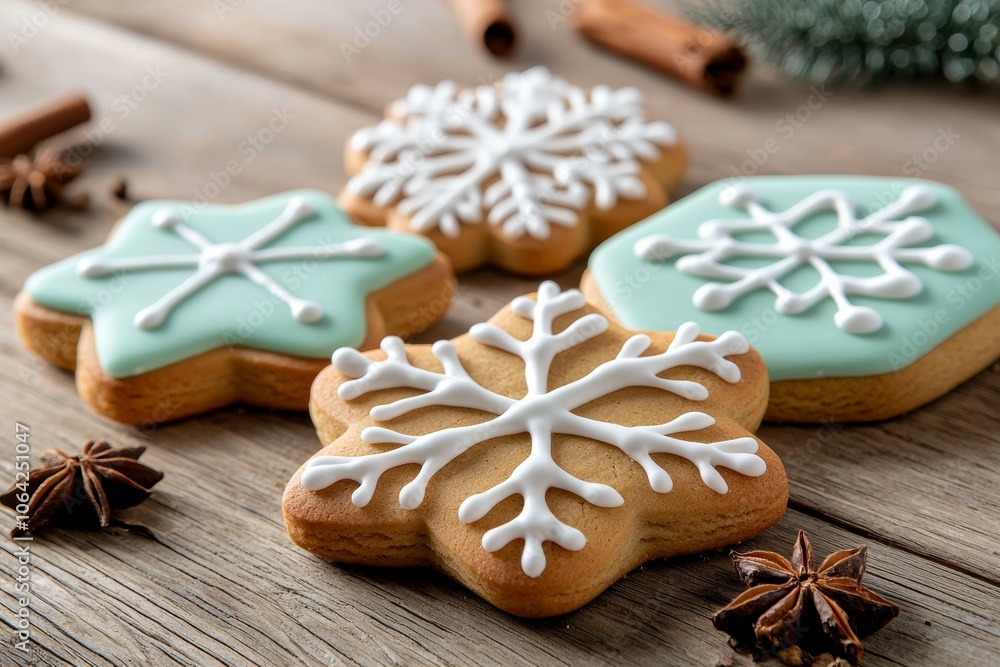 A row of snowflake cookies with icing on them are sitting on a wooden table