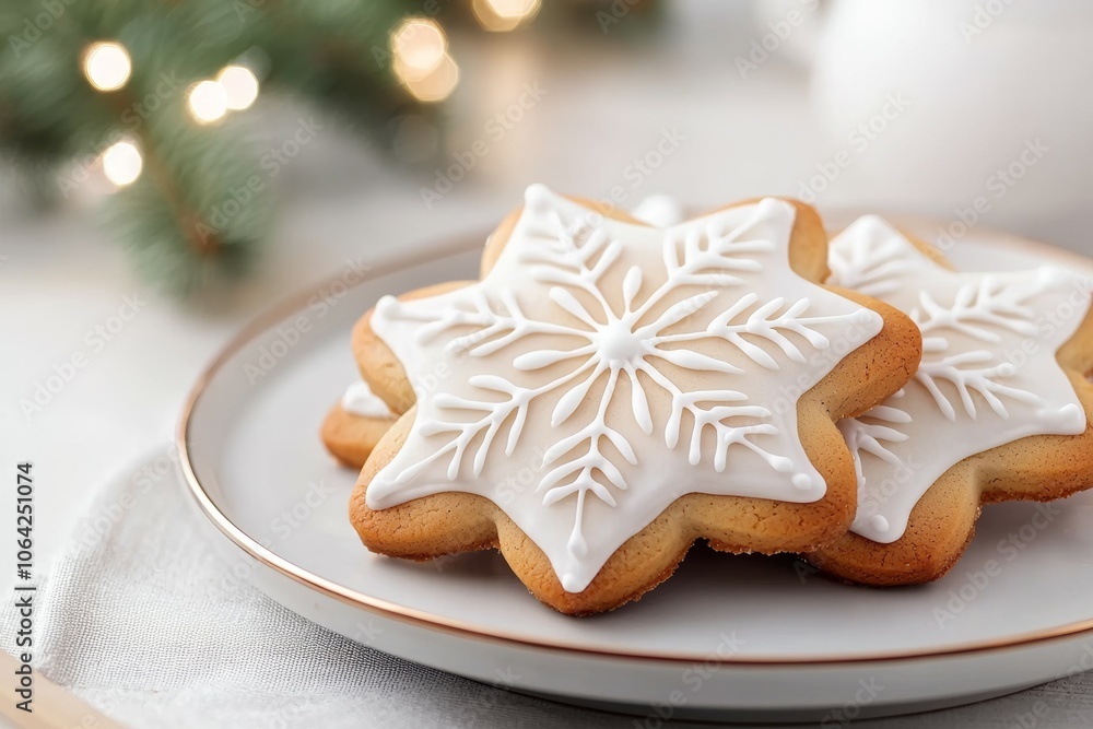 Three snowflake cookies are sitting on a white plate Three snowflake cookies are sitting on a white plate
