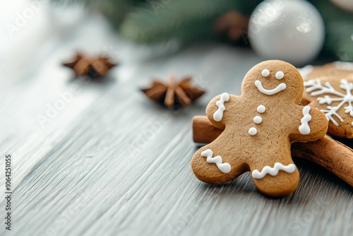 A gingerbread man cookie sits on a wooden table with a few cinnamon sticks