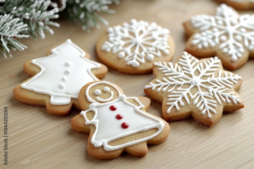 A group of white and red cookies with a woman and a snowflake on them A group of white and red cookies with a woman and a snowflake on them
