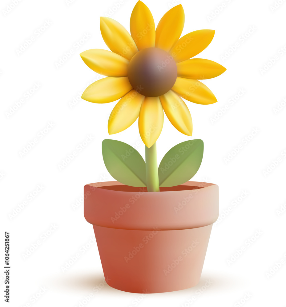 3D Yellow flower and leafs plant vector 3D Yellow flower and leafs plant vector