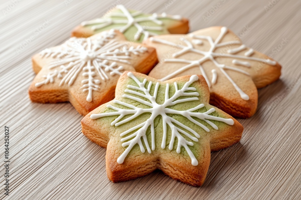 Four snowflake cookies with white icing on a wooden table Four snowflake cookies with white icing on a wooden table