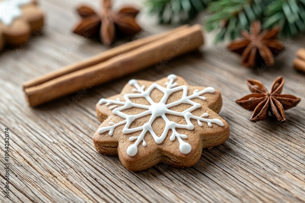 A gingerbread snowflake with white icing sits on a wooden table next to cinnamon A gingerbread snowflake with white icing sits on a wooden table next to cinnamon