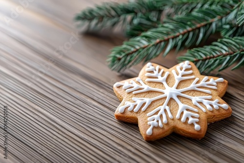 A snowflake cookie sits on a wooden table