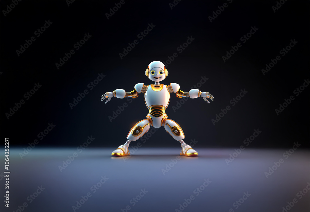 A white and gold robot with a friendly face stands in a warrior pose, arms outstretched, against a dark background. A white and gold robot with a friendly face stands in a warrior pose, arms outstretched, against a dark background.