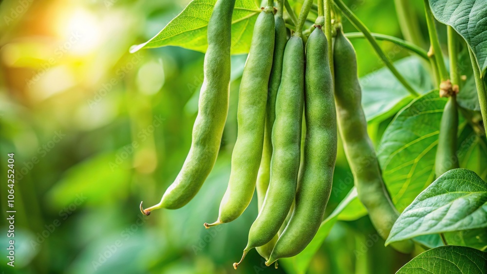 Healthy green bean hanging on a bean plant extreme close-up Healthy green bean hanging on a bean plant extreme close-up