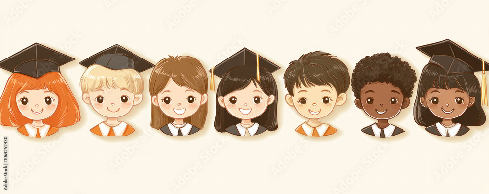 A group of children wearing graduation caps and gowns. The children are smiling and are lined up next to each other A group of children wearing graduation caps and gowns. The children are smiling and are lined up next to each other